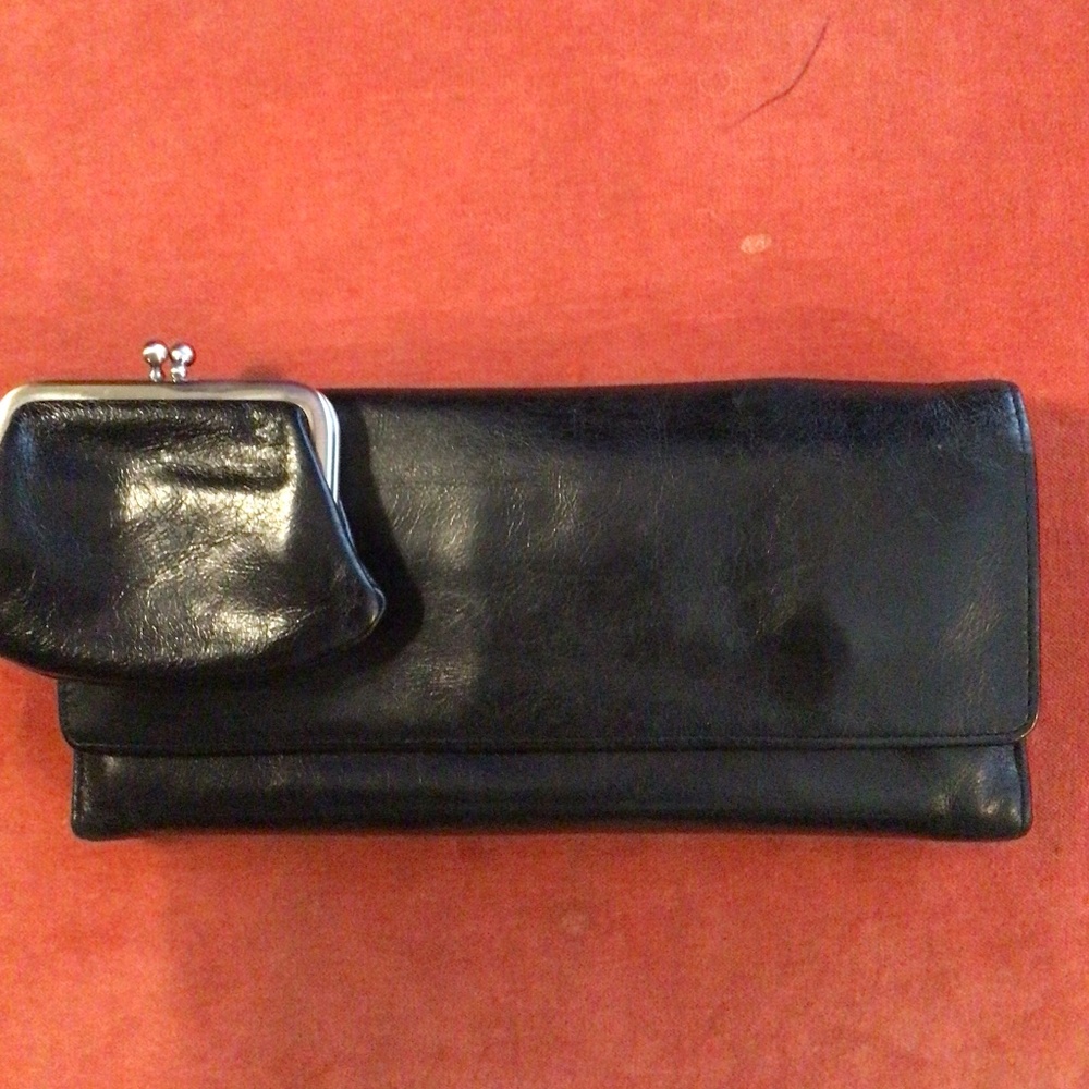 JILL LARGE BLACK LEATHER TRIFOLD BY HOBO & BLACK HOBO COIN PURSE ~~~$50 FOR BOTH